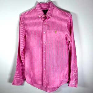 Ralph Lauren Slim Fit Ocean Wash Linen Pink &White Stripe Long Sleeve Size M